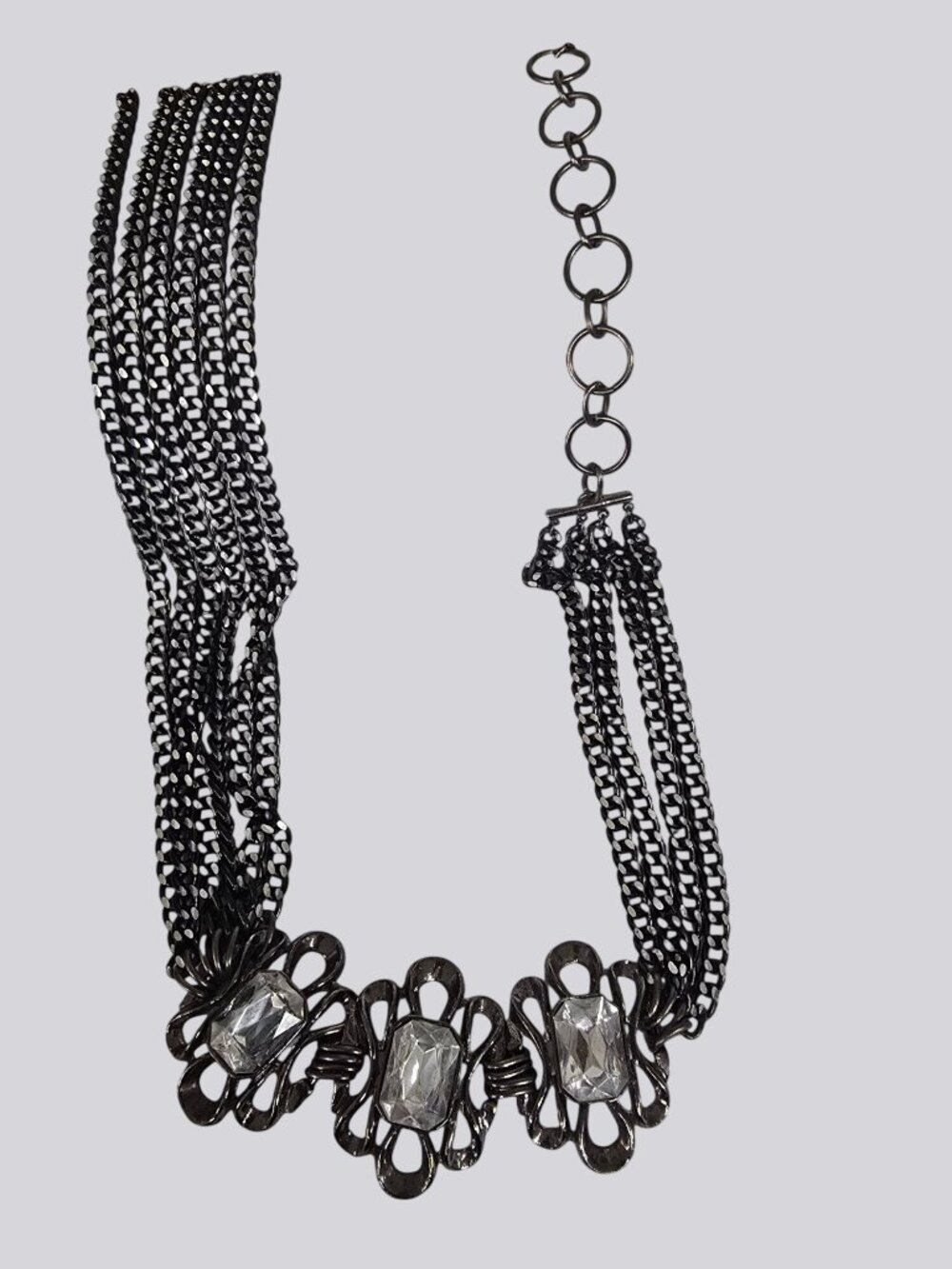 Vintage-Style Black Multi-Chain Necklace With Clear Rhinestone Accents - Picture 2 of 16